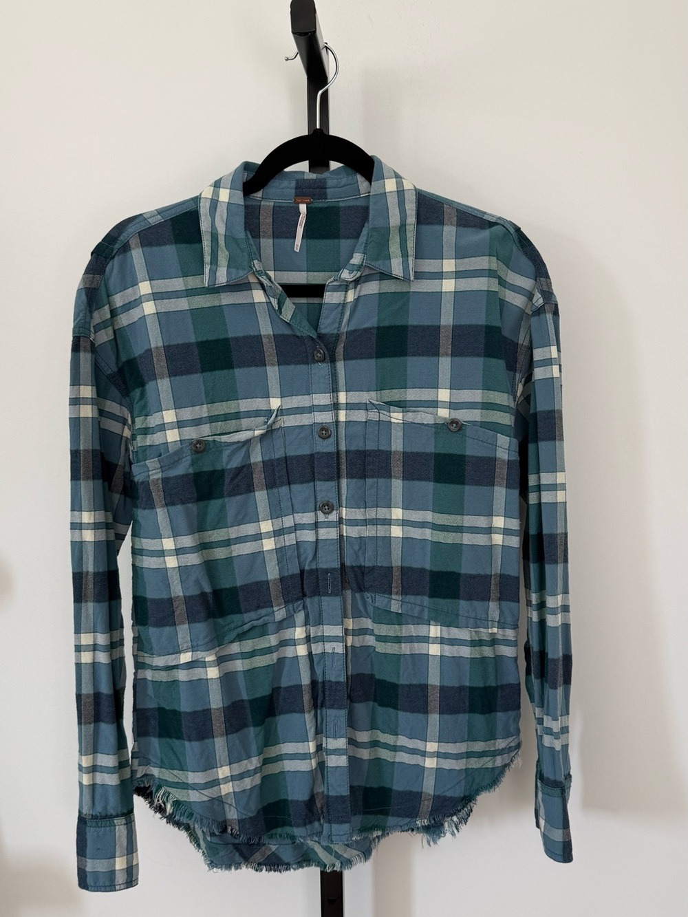 Free People Women’s oversized Teal and Navy Plaid Button-Down Shirt